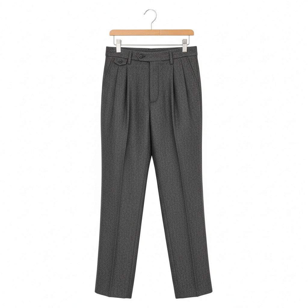 Mens Pleated Tweed Trousers - Charcoal Gray - Front View
