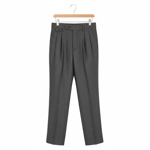 Mens Pleated Tweed Trousers - Charcoal Gray - Front View
