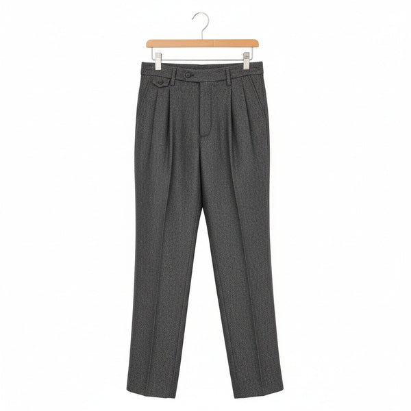 Mens Pleated Tweed Trousers - Charcoal Gray - Front View