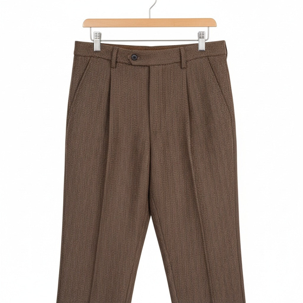 Mens Pleated Tweed Trousers - Hickory Brown - Front View