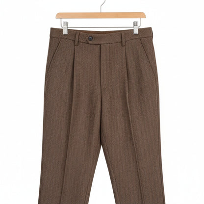 Mens Pleated Tweed Trousers - Hickory Brown - Front View