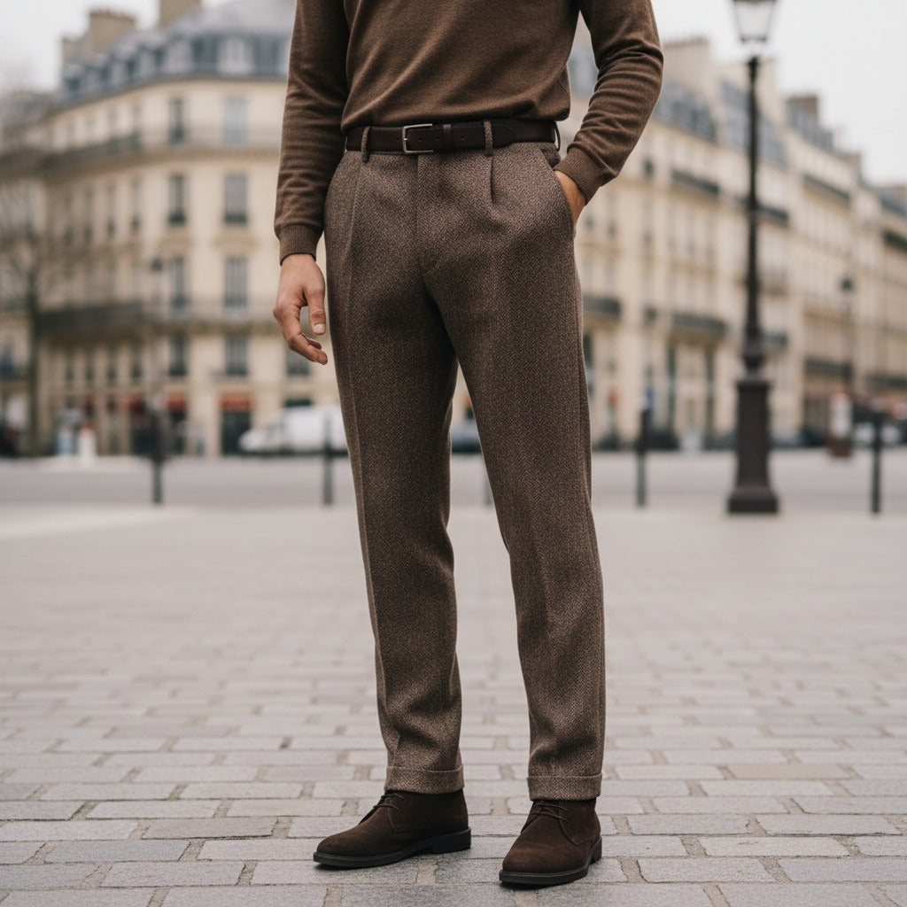 Mens Pleated Tweed Trousers - Hickory Brown - Angled Shot