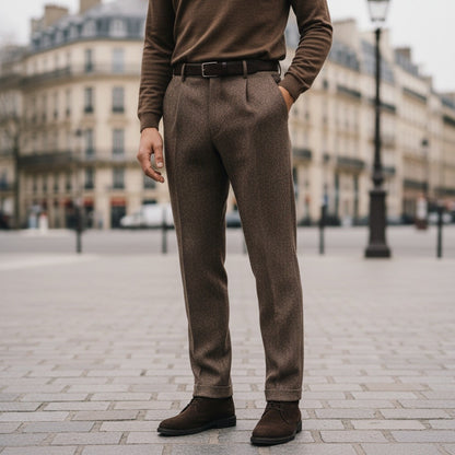 Mens Pleated Tweed Trousers - Hickory Brown - Angled Shot