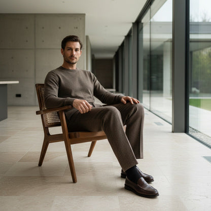 Mens Pleated Tweed Trousers - Hickory Brown - Side Profile