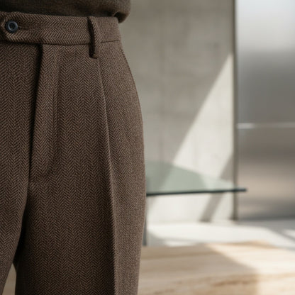 Mens Pleated Tweed Trousers - Hickory Brown - Back View