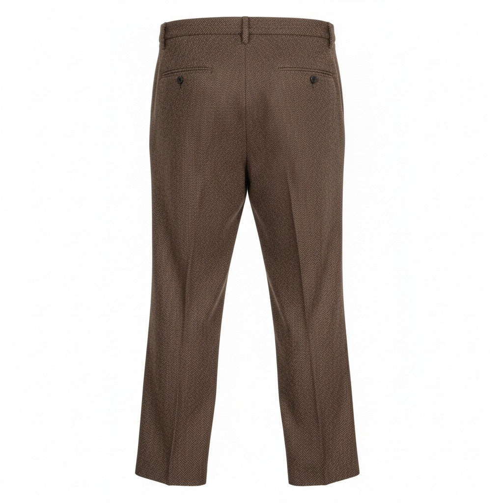 Mens Pleated Tweed Trousers - Hickory Brown - Fabric Detail