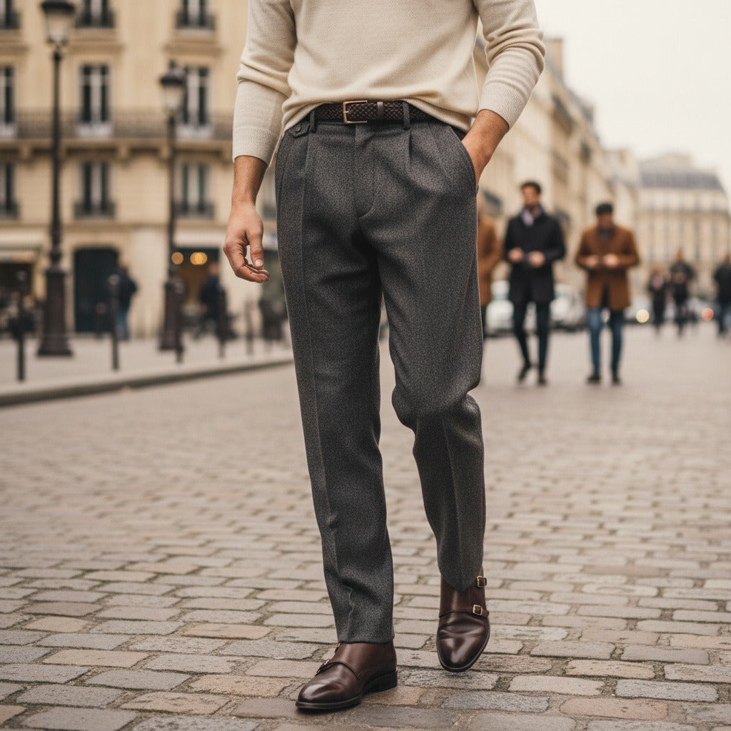 Mens Pleated Tweed Trousers - Charcoal Gray - Angled Shot