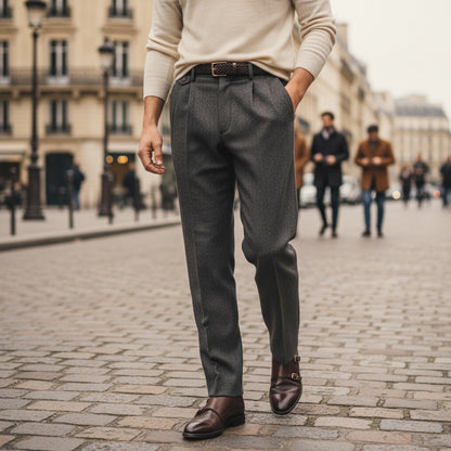 Mens Pleated Tweed Trousers - Charcoal Gray - Angled Shot