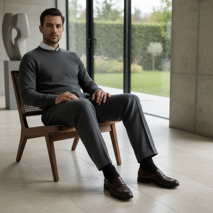 Mens Pleated Tweed Trousers - Charcoal Gray - Side Profile