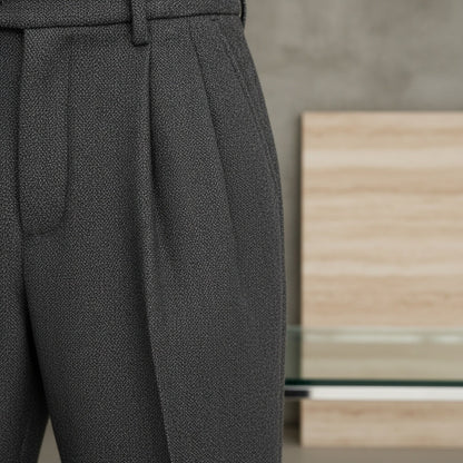 Mens Pleated Tweed Trousers - Charcoal Gray - Back View