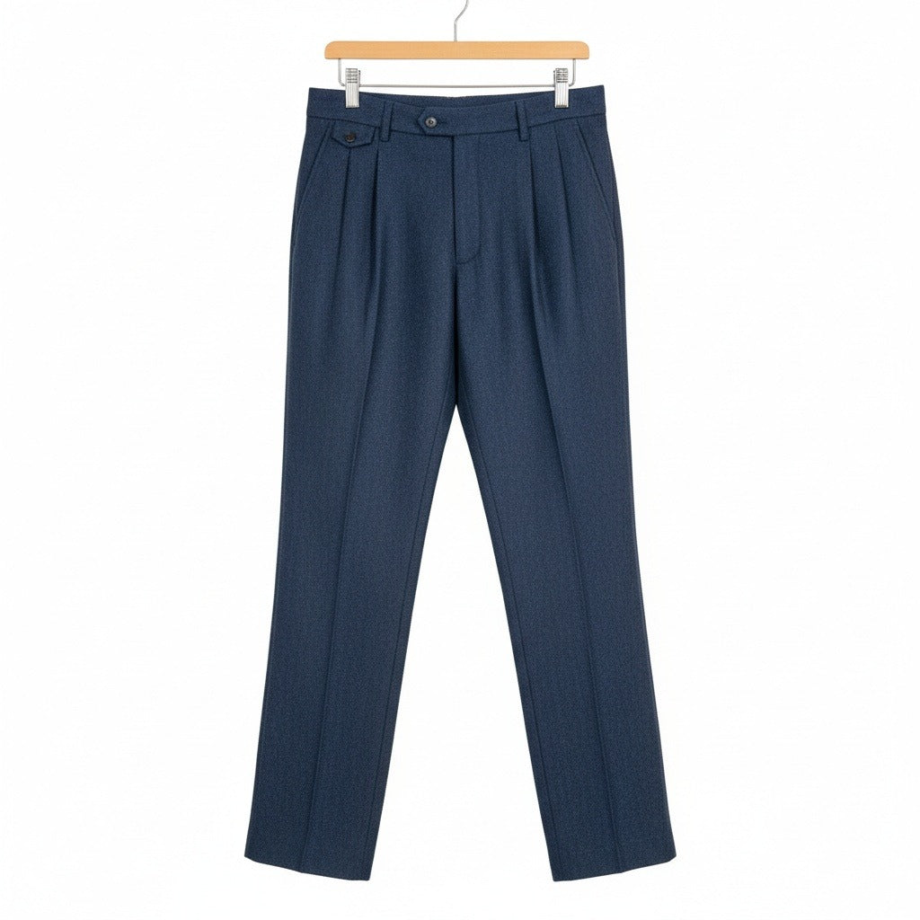 Mens Pleated Tweed Trousers - Midnight Blue - Front View