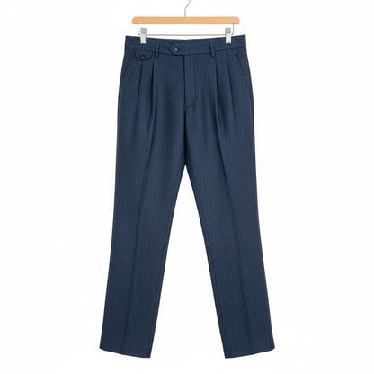 Mens Pleated Tweed Trousers - Midnight Blue - Front View