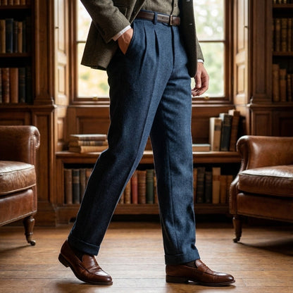 Mens Pleated Tweed Trousers - Midnight Blue - Angled Shot