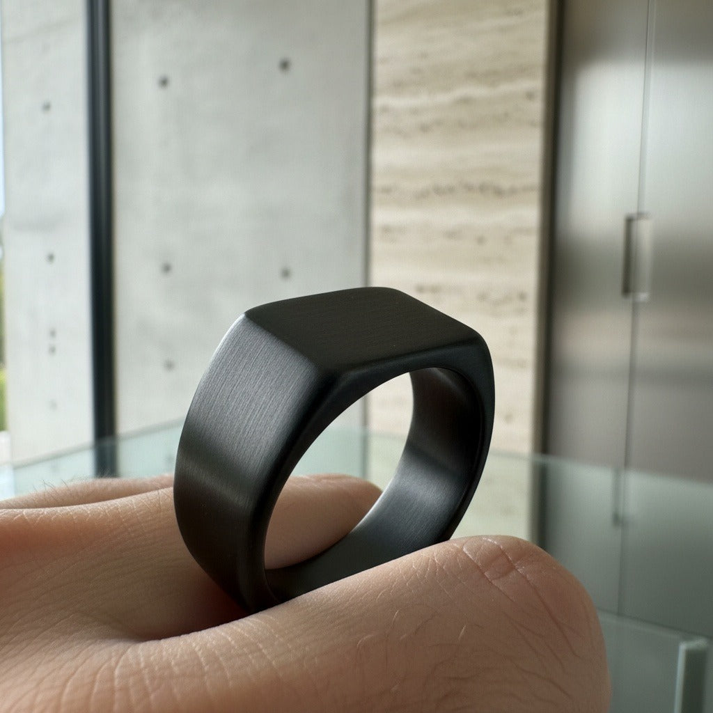 Mens Square Signet Ring - Gunmetal - Back View