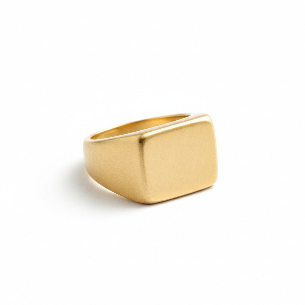 Mens Square Signet Ring - Matte Gold - Front View