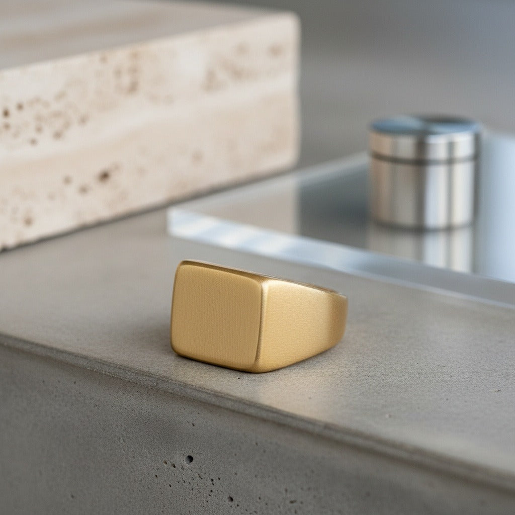 Mens Square Signet Ring - Matte Gold - Back View