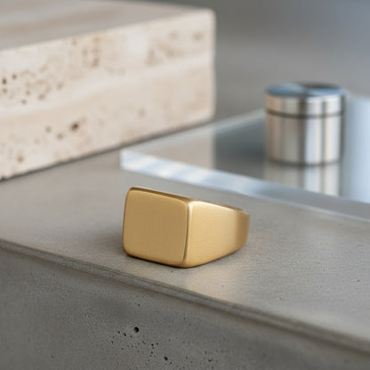 Mens Square Signet Ring - Matte Gold - Back View