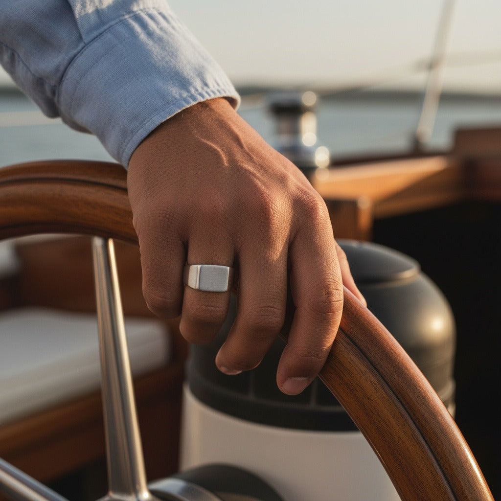 Mens Square Signet Ring - Silver - Angled Shot