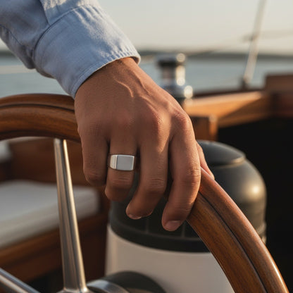 Mens Square Signet Ring - Silver - Angled Shot