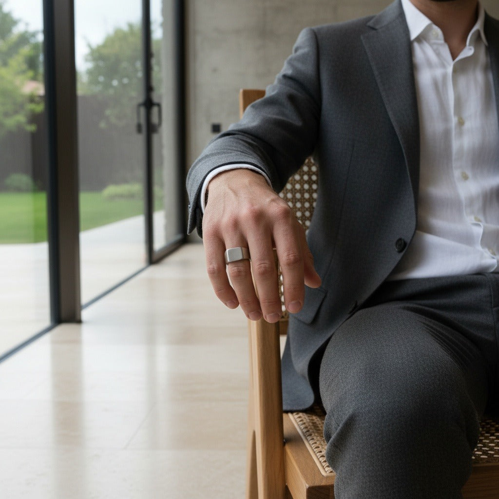 Mens Square Signet Ring - Silver - Side Profile
