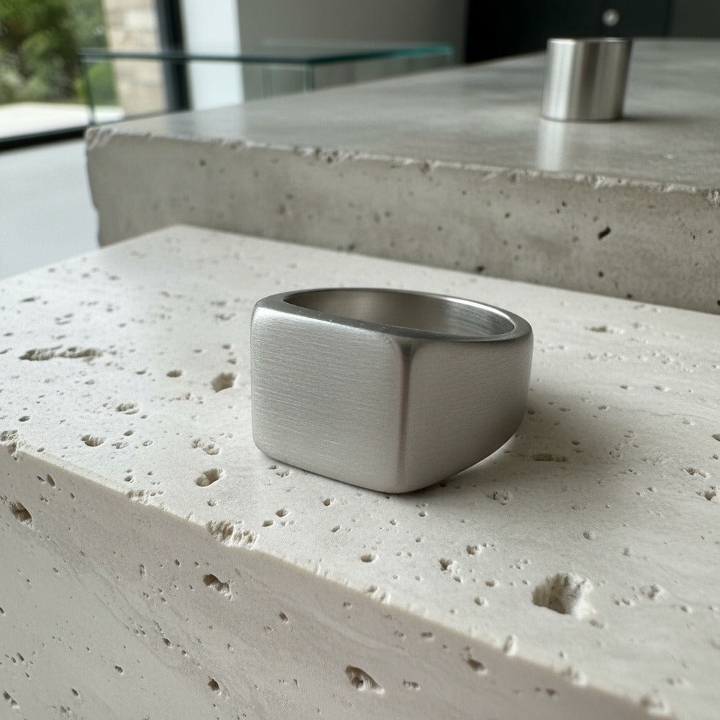 Mens Square Signet Ring - Silver - Back View