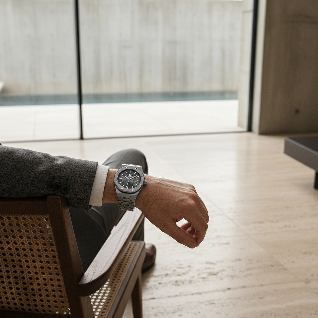 Mens Stainless Steel Watch - Gunmetal Gray - Side Profile