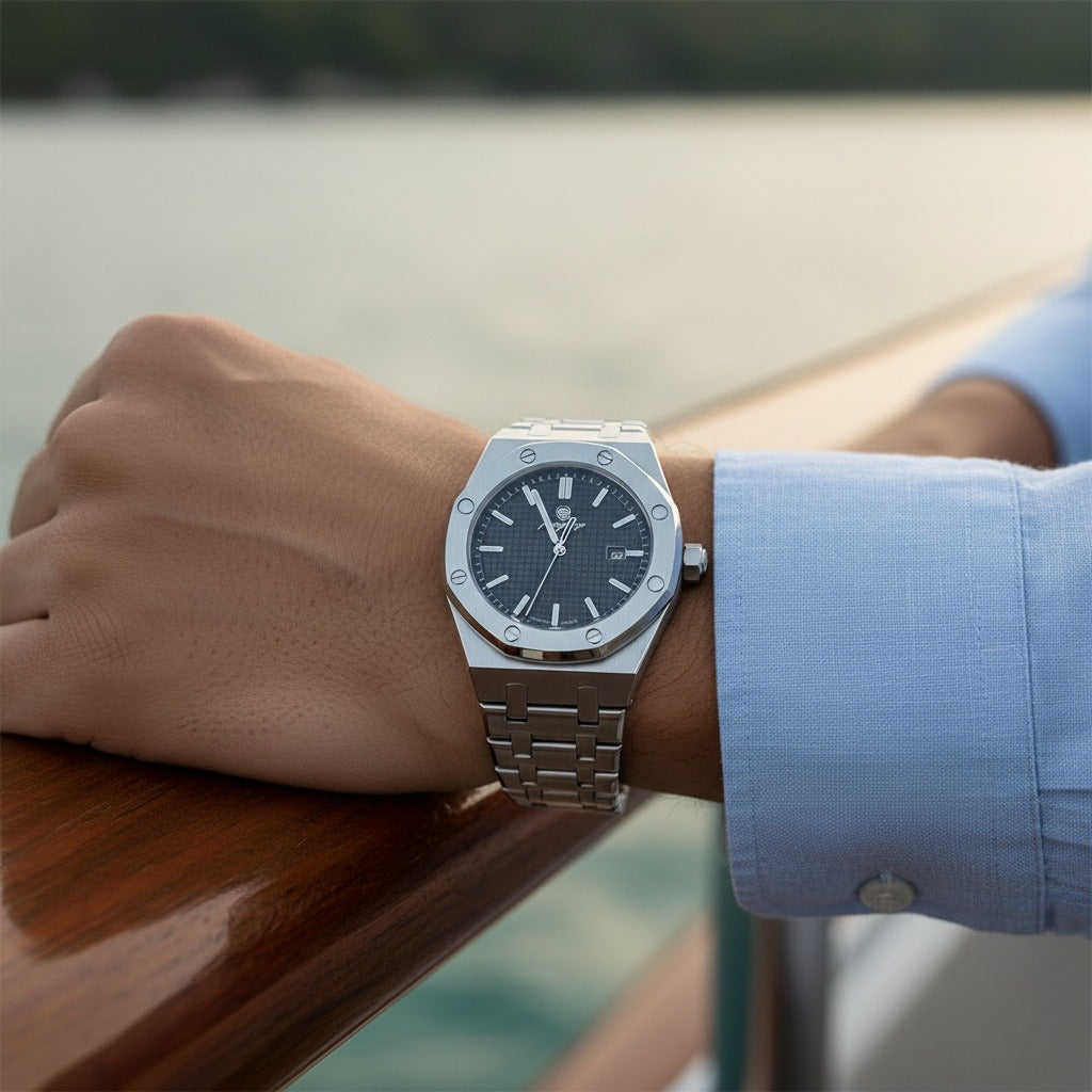 Mens Stainless Steel Watch - Brushed Chrome - Angled Shot
