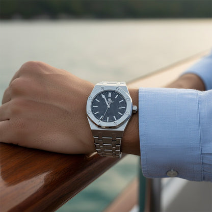 Mens Stainless Steel Watch - Brushed Chrome - Angled Shot