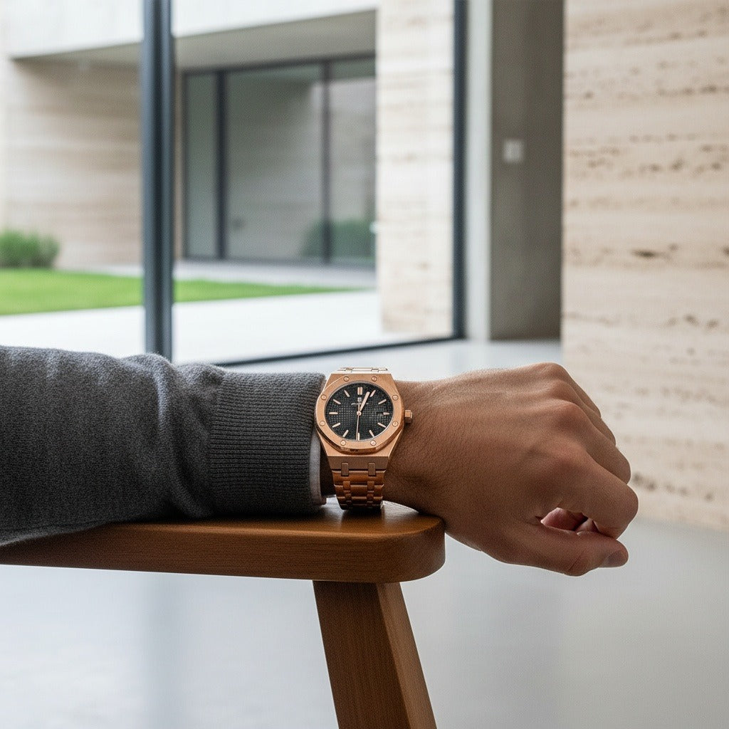 Mens Stainless Steel Watch - Rose Gold - Side Profile