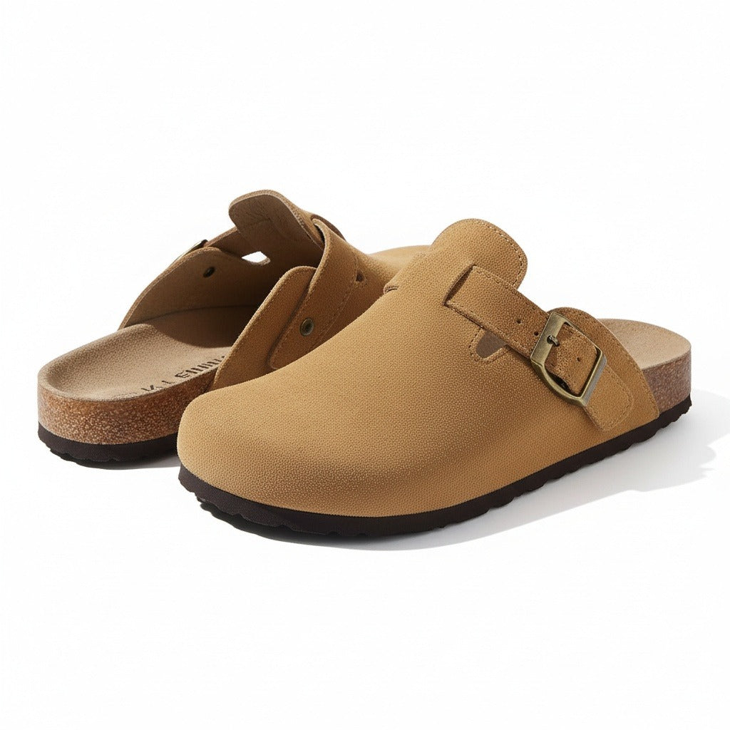 Mens Suede Clogs - Camel Tan - Front View
