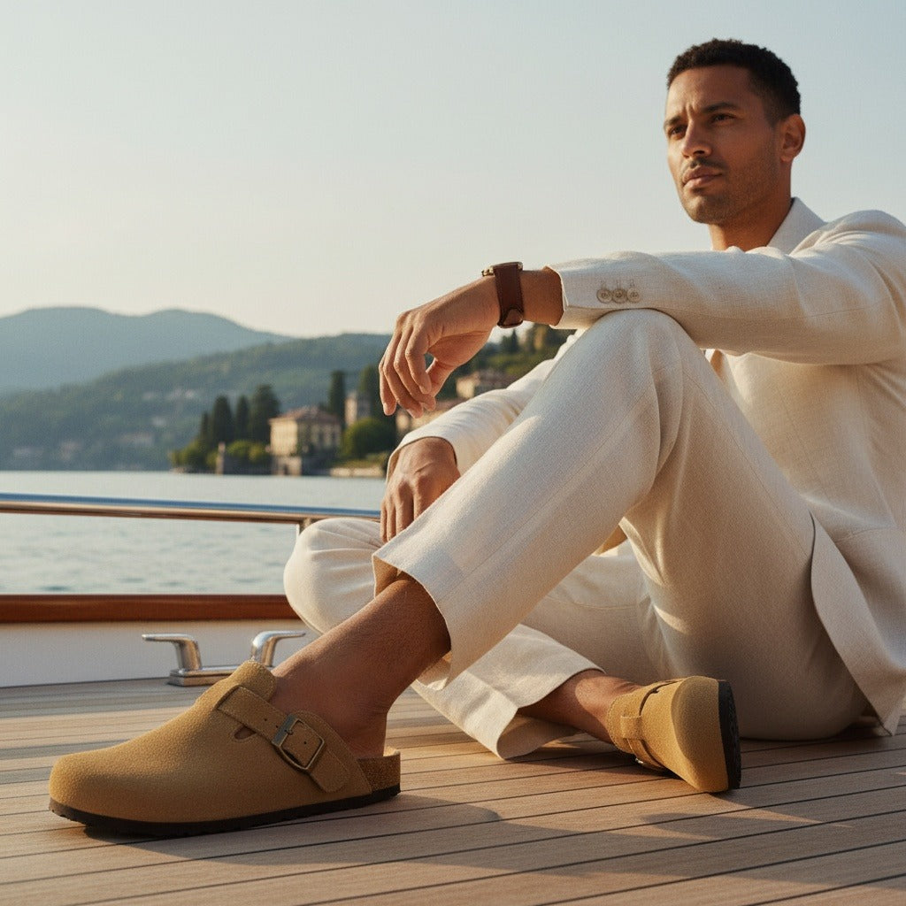 Mens Suede Clogs - Camel Tan - Angled Shot