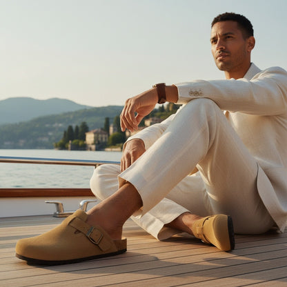 Mens Suede Clogs - Camel Tan - Angled Shot