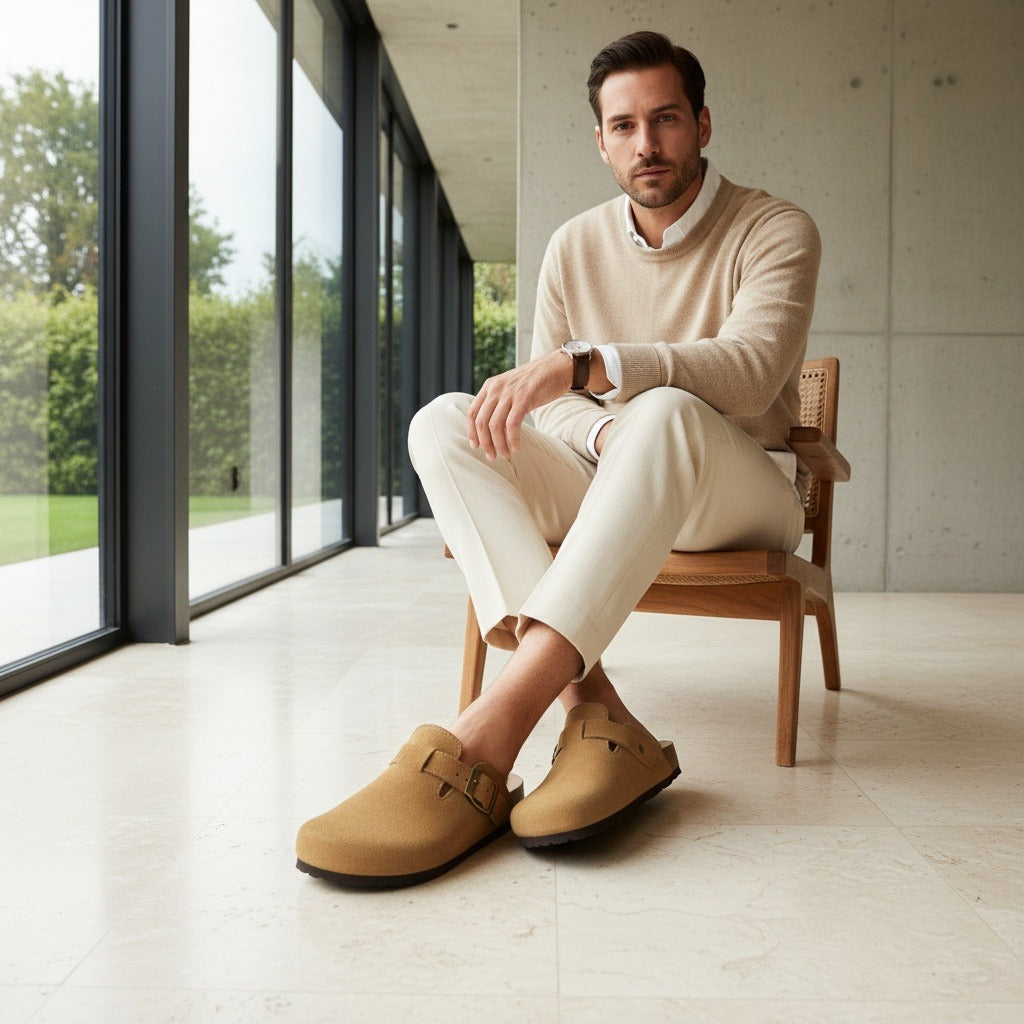Mens Suede Clogs - Camel Tan - Side Profile