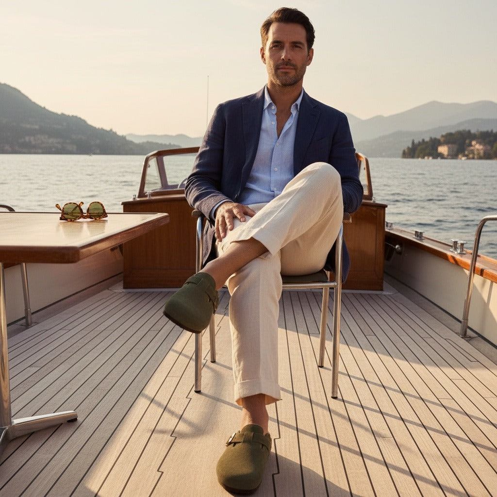 Mens Suede Clogs - Olive Green - Angled Shot