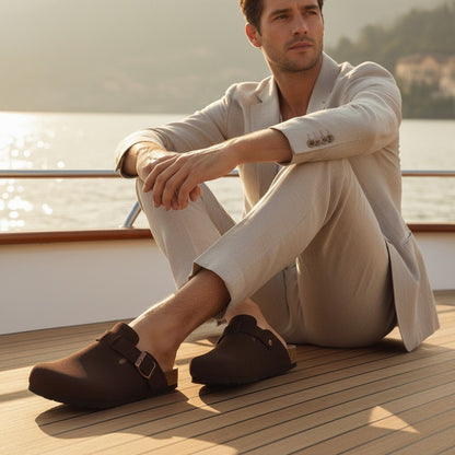 Mens Suede Clogs - Rich Mahogany - Angled Shot