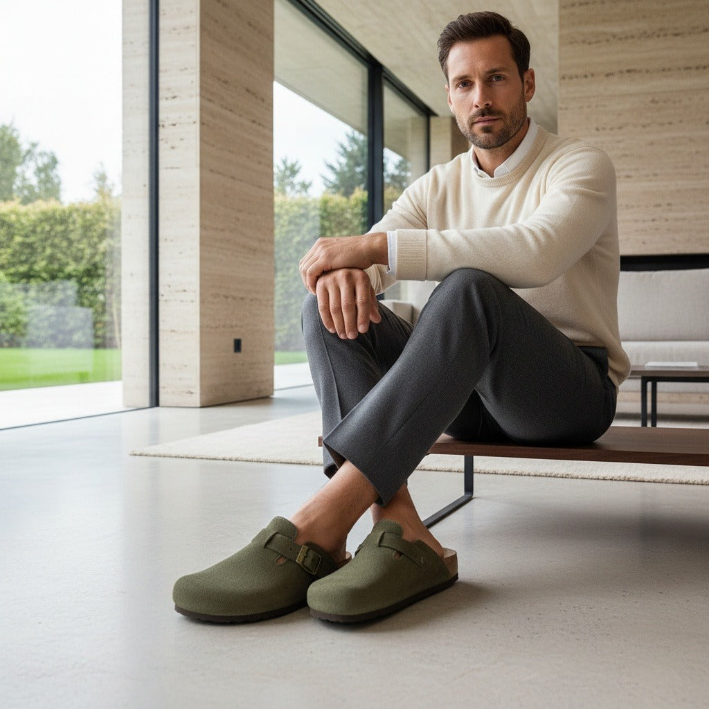 Mens Suede Clogs - Olive Green - Side Profile