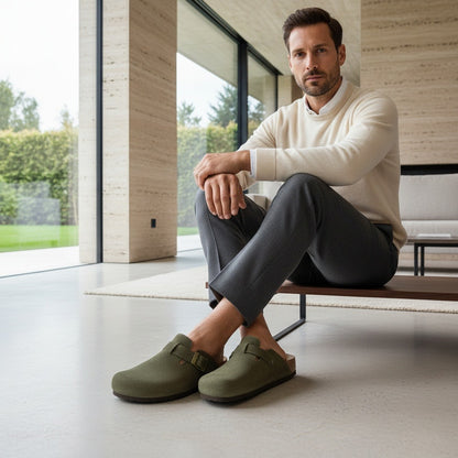 Mens Suede Clogs - Olive Green - Side Profile