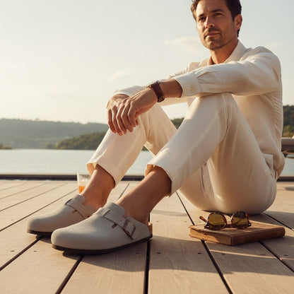 Mens Suede Clogs - Stone Gray - Angled Shot