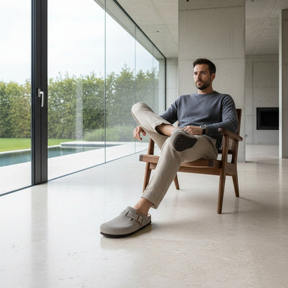 Mens Suede Clogs - Stone Gray - Side Profile