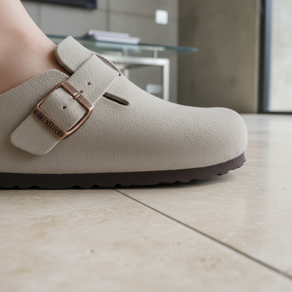 Mens Suede Clogs - Stone Gray - Back View