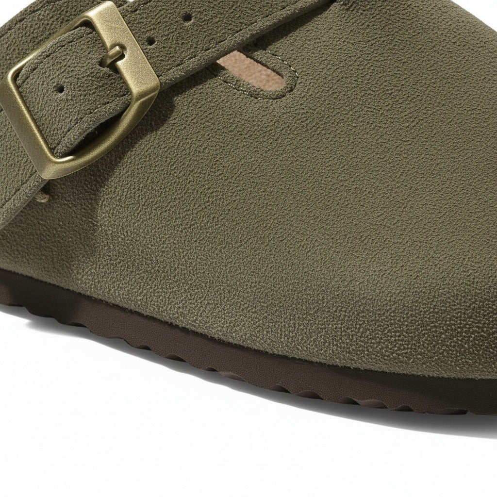 Mens Suede Clogs - Olive Green - Texture Close Up