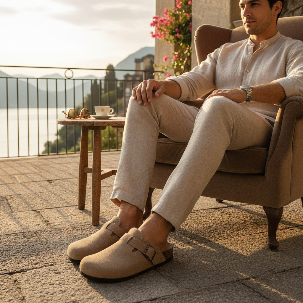 Mens Suede Clogs - Desert Sand - Angled Shot