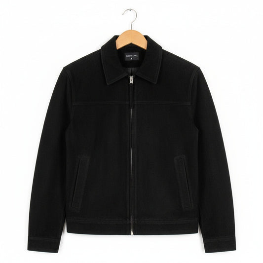 Mens Suede Jacket Black Harrington - Black - Front View
