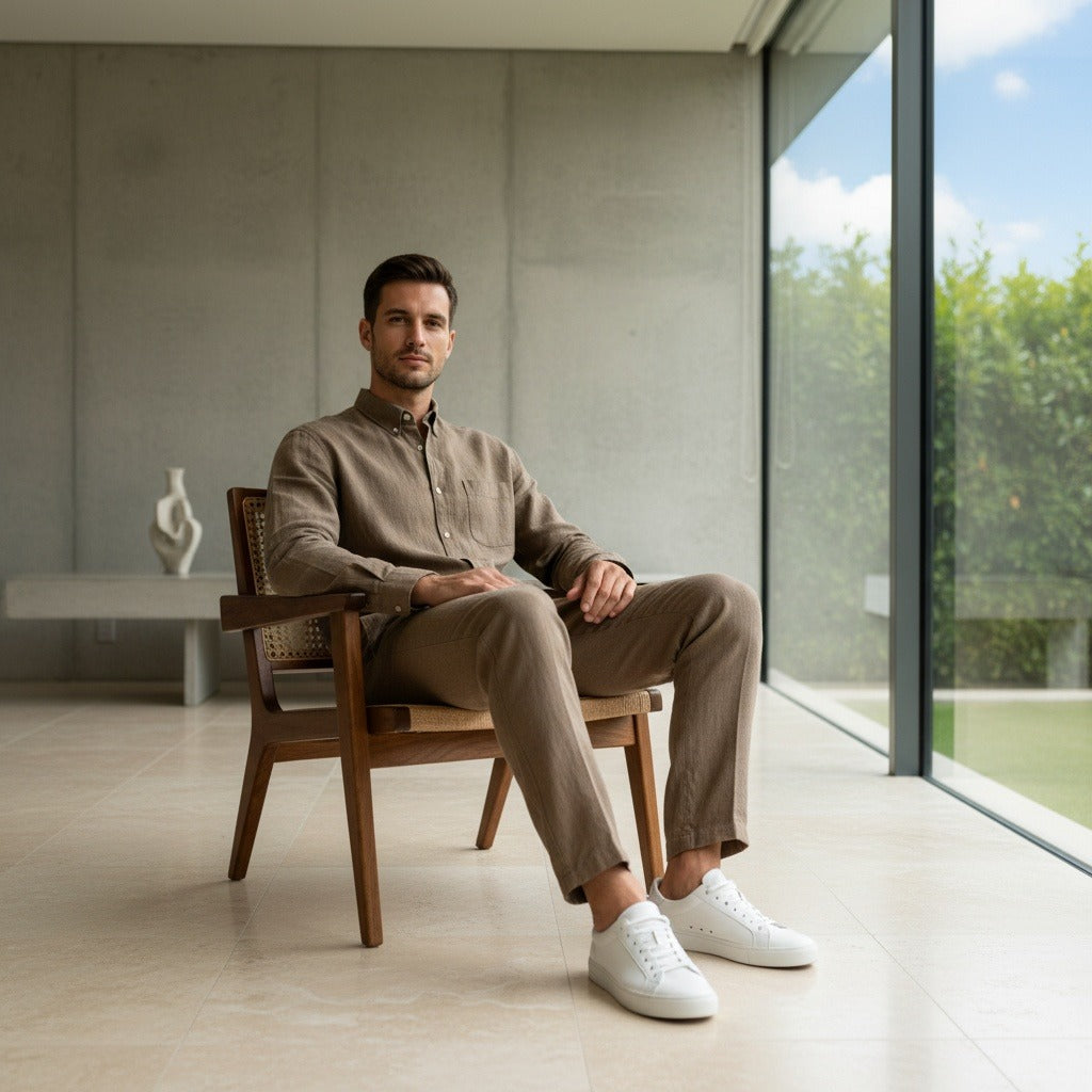 Men's Summer Linen Trousers - Russet Brown - Side Profile