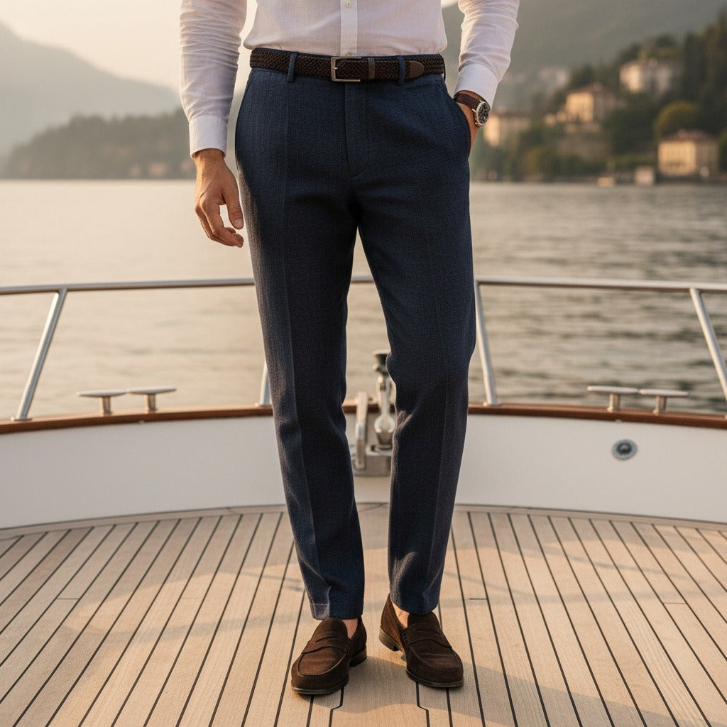 Men's Summer Linen Trousers - Midnight Blue - Angled Shot