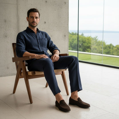 Men's Summer Linen Trousers - Midnight Blue - Side Profile