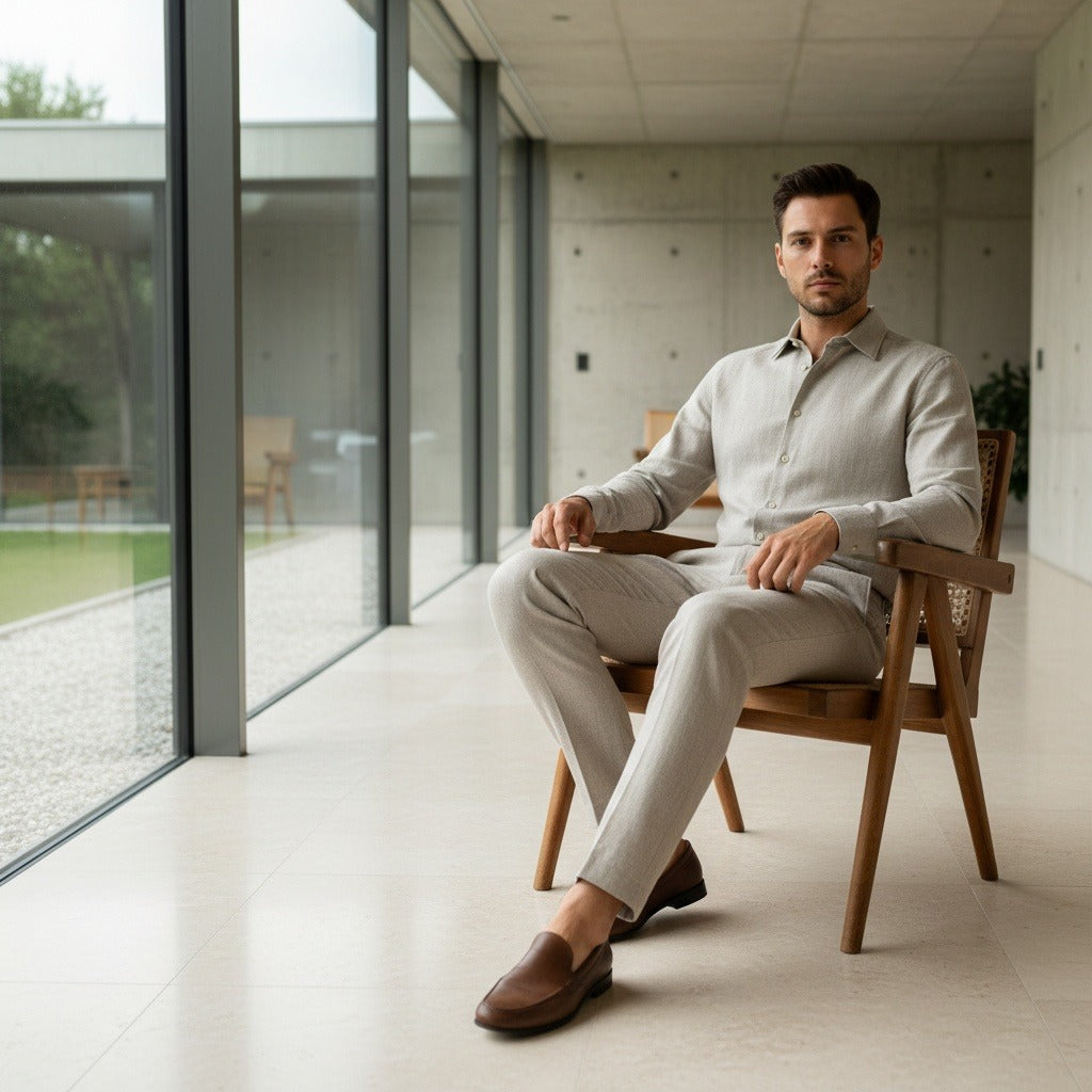 Men's Summer Linen Trousers - Light Gray - Side Profile