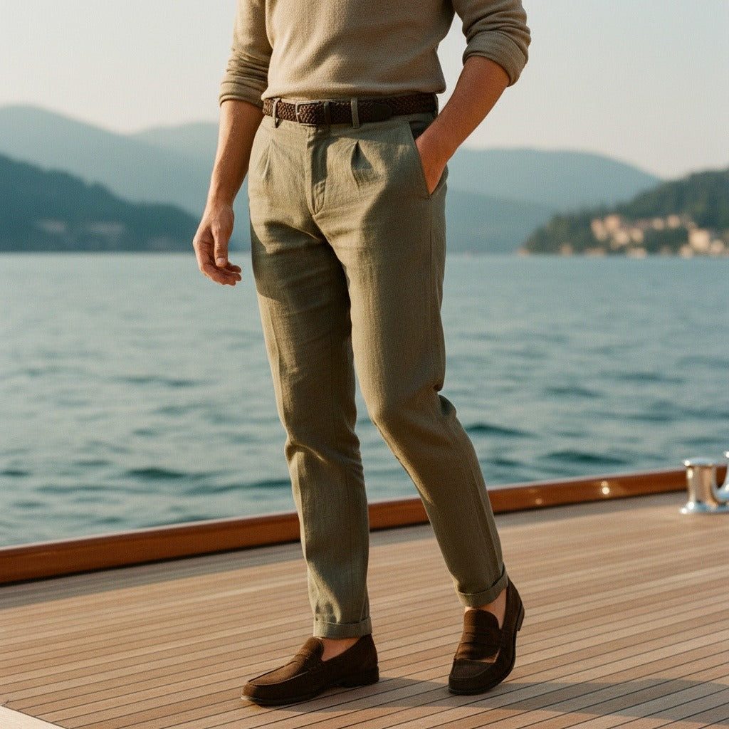 Men's Summer Linen Trousers - Olive Drab - Angled Shot