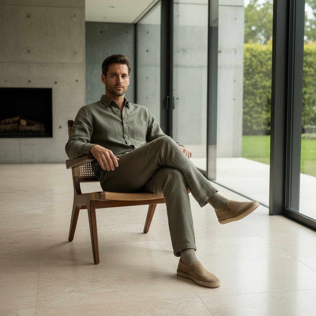Men's Summer Linen Trousers - Olive Drab - Side Profile