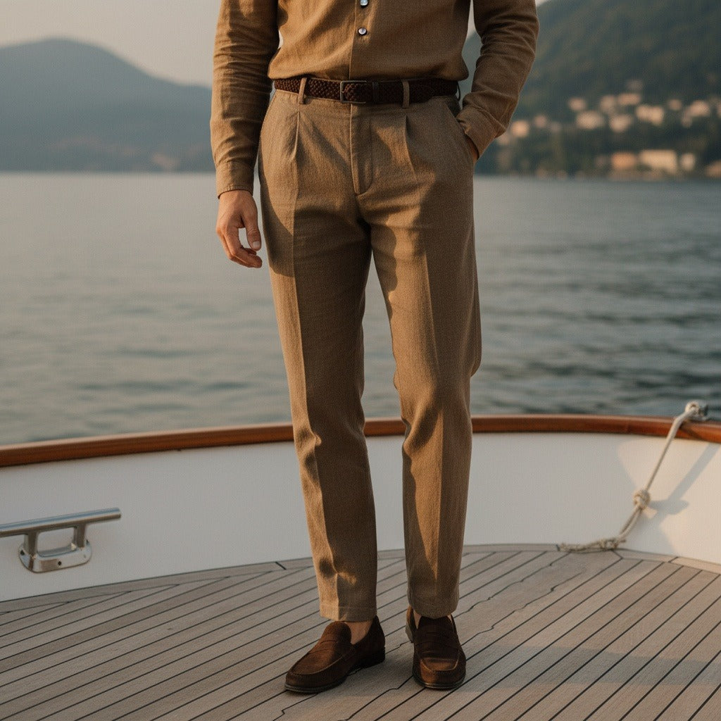 Men's Summer Linen Trousers - Russet Brown - Angled Shot